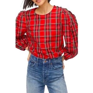 J. Crew, tartan plaid, ruffle-sleeve, blouse, size M